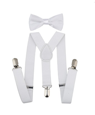 Bowtie Set color blanco- Adjustable Length 1 Inches Suspender with Bow Tie Set for Boys and Girls - Socksn'Ties