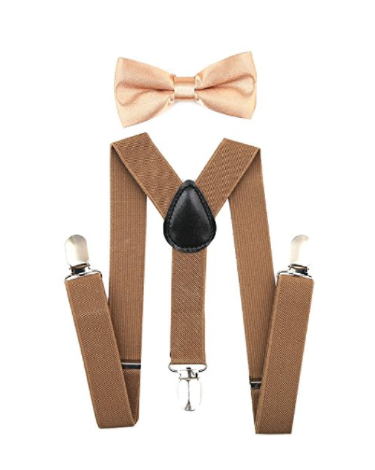 Bowtie Set de color marron- Adjustable Length 1 Inches Suspender with Bow Tie Set for Boys and Girls by AWAYTR - Socksn'Ties