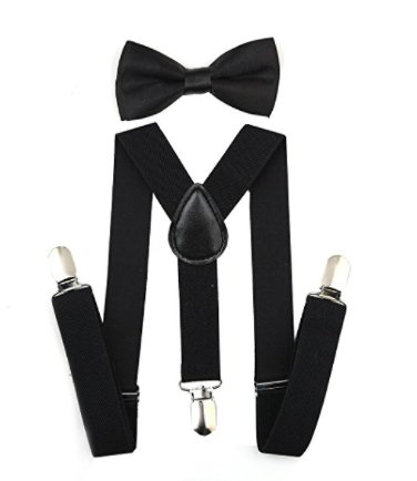 Bowtie Set de color negro- Adjustable Length 1 Inches Suspender with Bow Tie Set for Boys and Girls by AWAYTR - Socksn'Ties